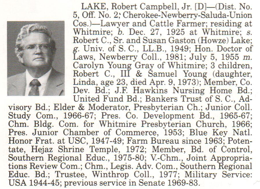Senator Robert Campbell Lake, Jr. biography