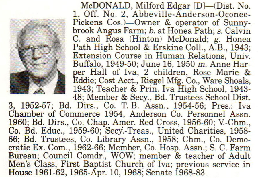 Senator Milford Edgar McDonald biography