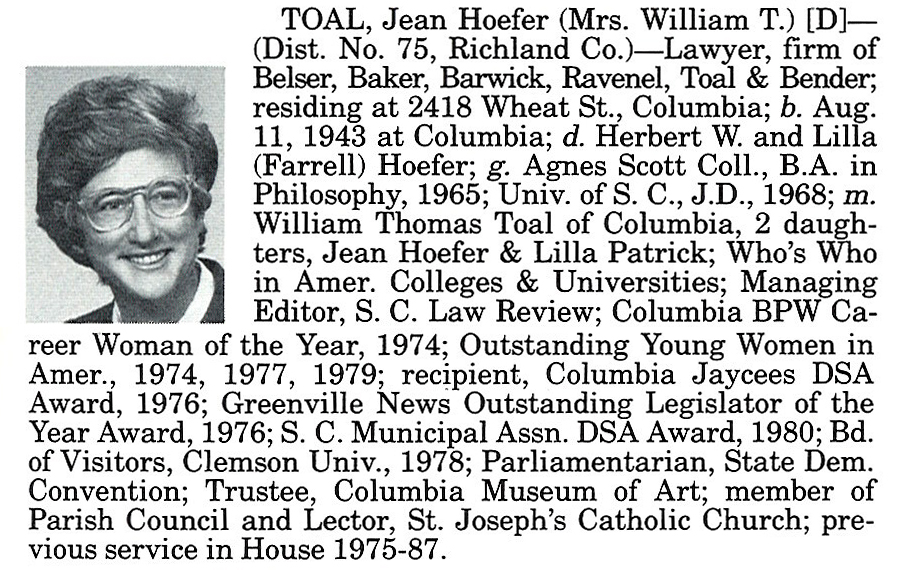 Representative Jean Hoefer Toal biography