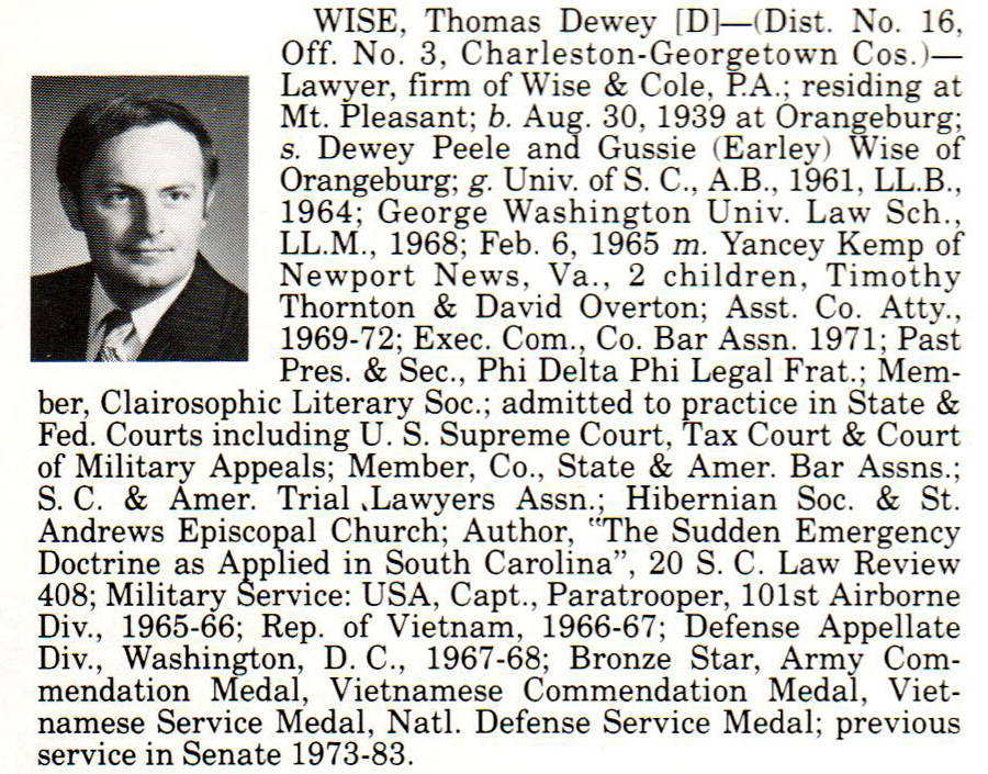 Senator Thomas Dewey Wise biography