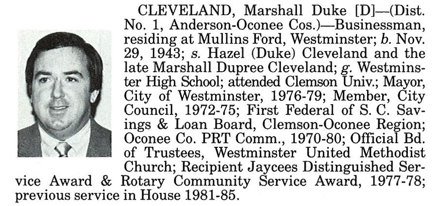 Representative Marshall Duke Cleveland biography