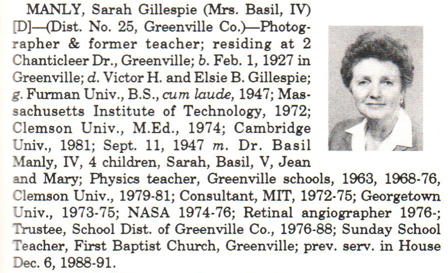 Representative Sarah Gillespie Manly biography