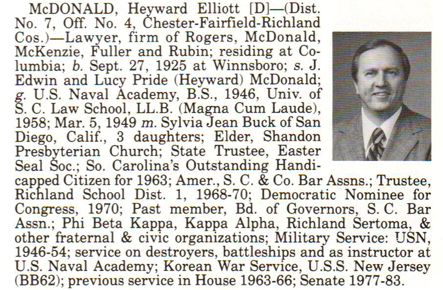 Senator Heyward Elliott McDonald biography