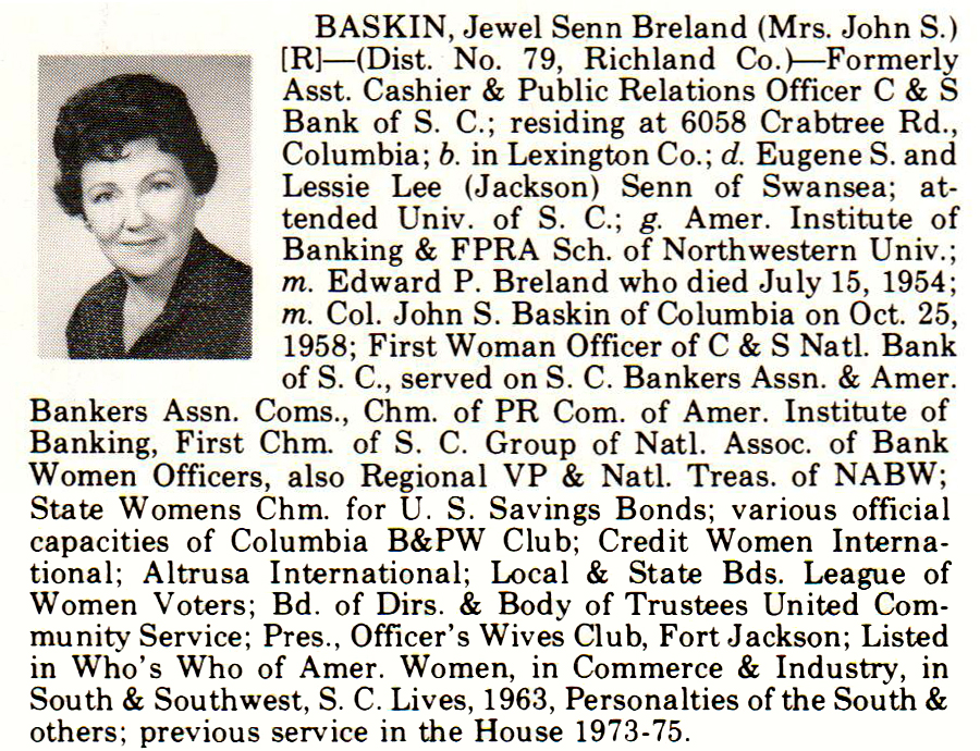 Representative Jewel Senn Breland Baskin biography