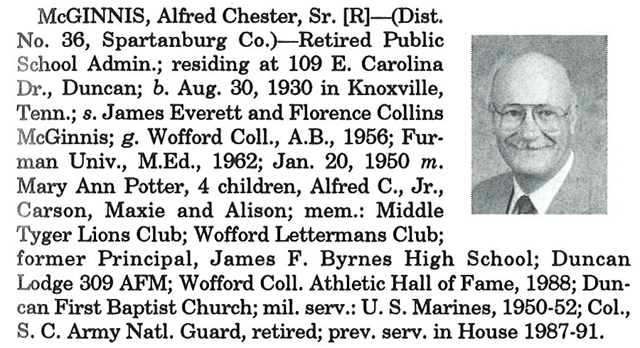 Representative Alfred Chester McGinnis, Sr. biography