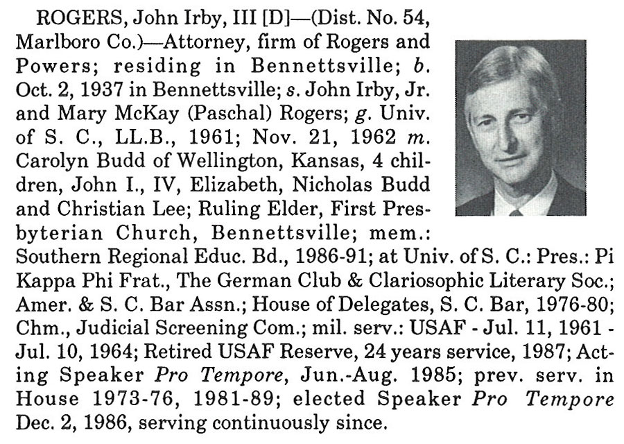 Representative John Irby Rogers III biography