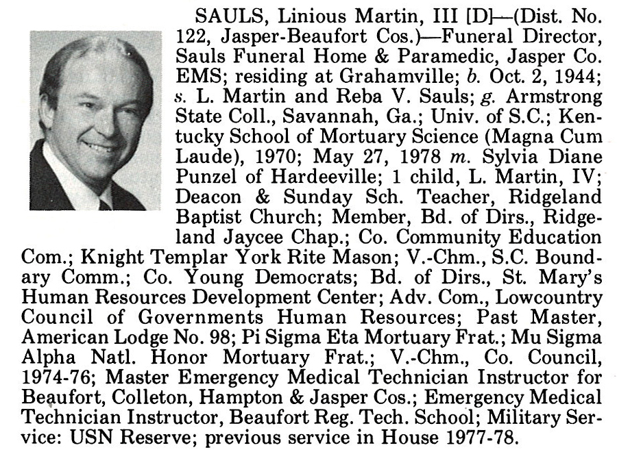 Representative Linious Martin Sauls, III biography