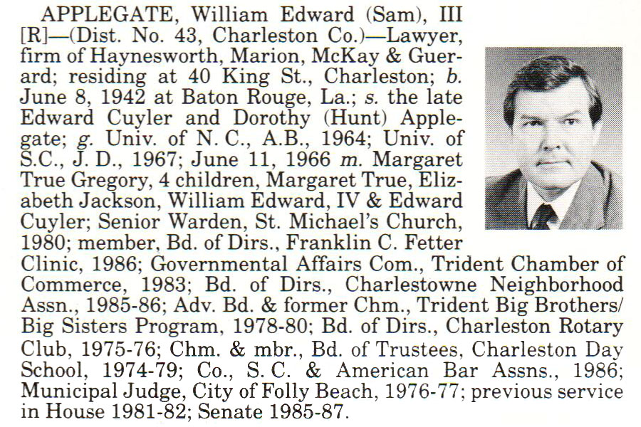 Senator Willam Edward "Sam" Applegate III biography