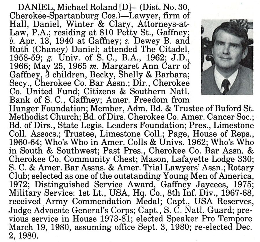 Representative Michael Roland Daniel biography
