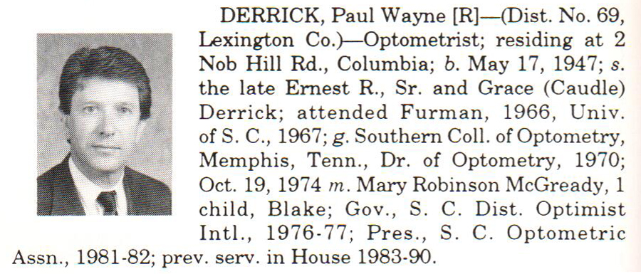 Representative Paul Wayne Derrick biography