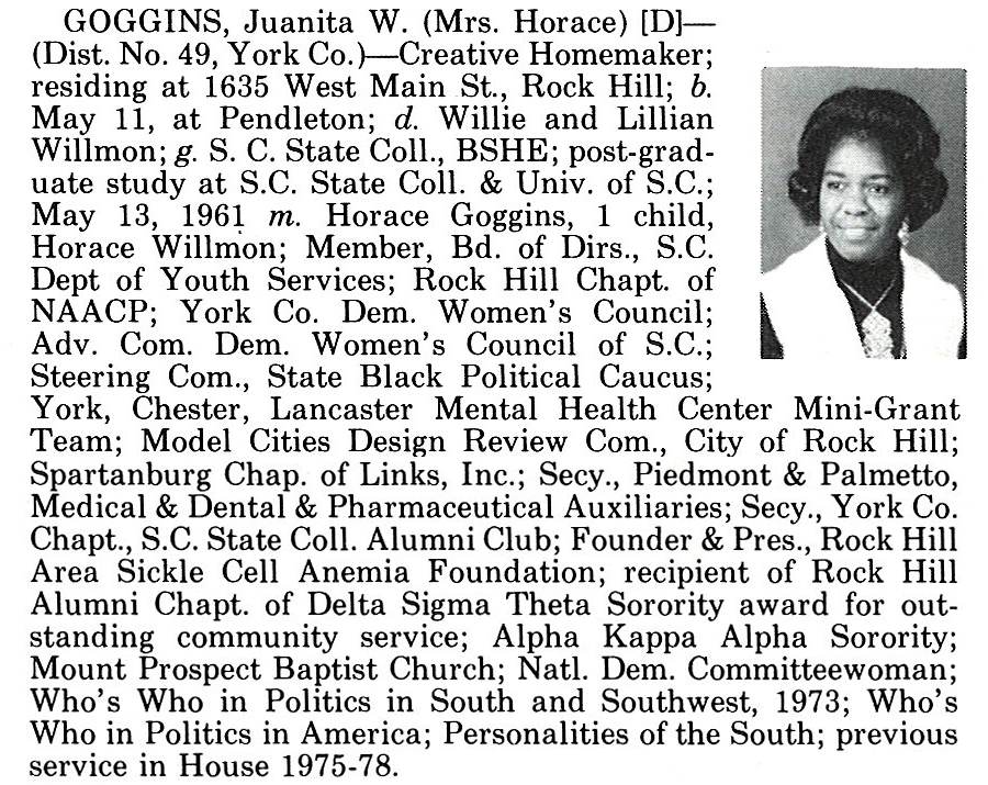 Representative Juanita W. Goggins biography