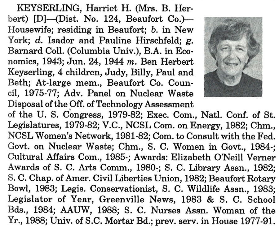 Representative Harriet H. Keyserling biography